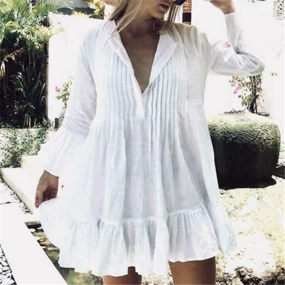 Boho Cotton White ruffle 3/4 sleeve boho gypsy mini dress - Picture 2 of 5